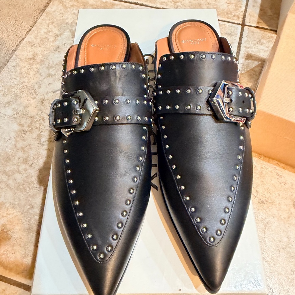 Givenchy Black Studded Loafer Mule with Silver Buckle